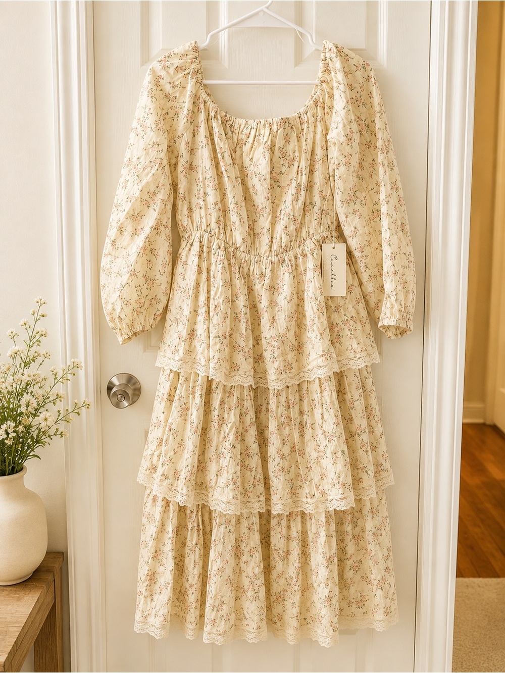 Cream Floral Tiered Midi Dress with Puff Sleeves